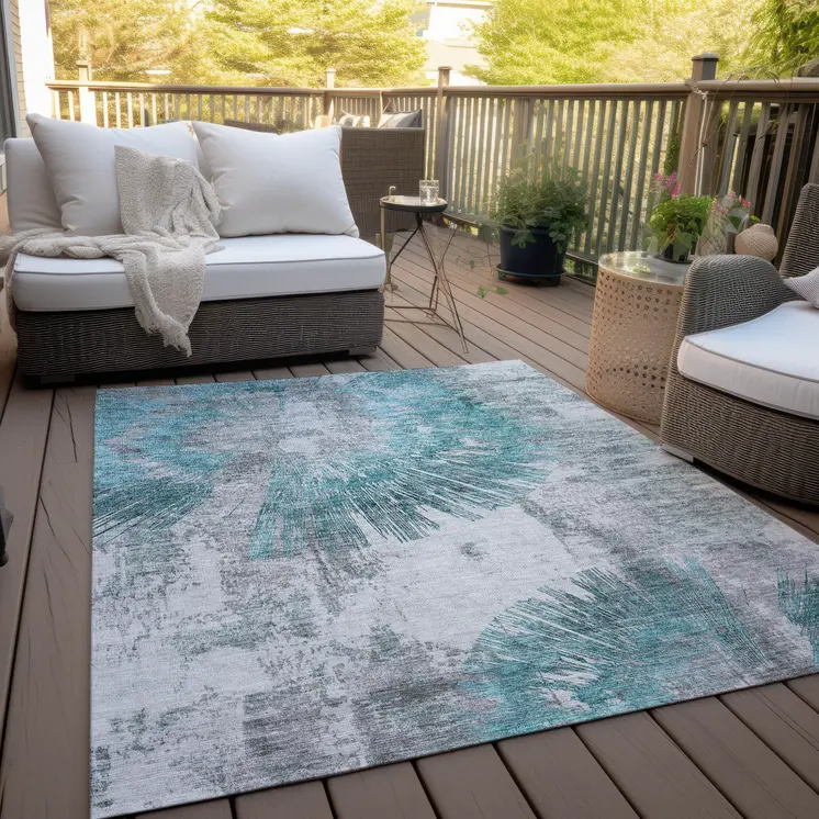 5' X 8' Teal Blue Aqua And Gray Abstract Washable Indoor Outdoor Area Rug