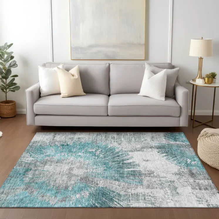 5' X 8' Teal Blue Aqua And Gray Abstract Washable Indoor Outdoor Area Rug