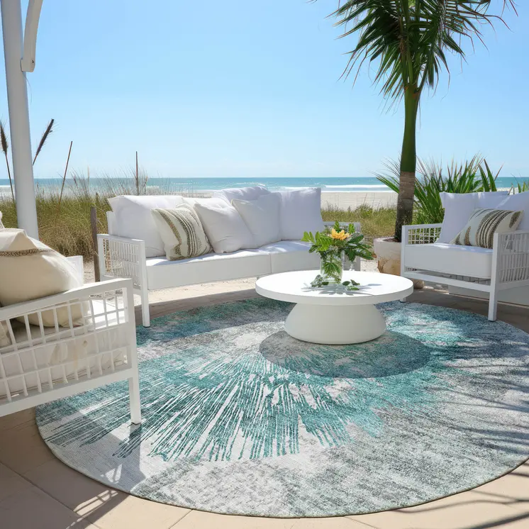 8' Teal Blue Aqua And Gray Round Abstract Washable Indoor Outdoor Area Rug