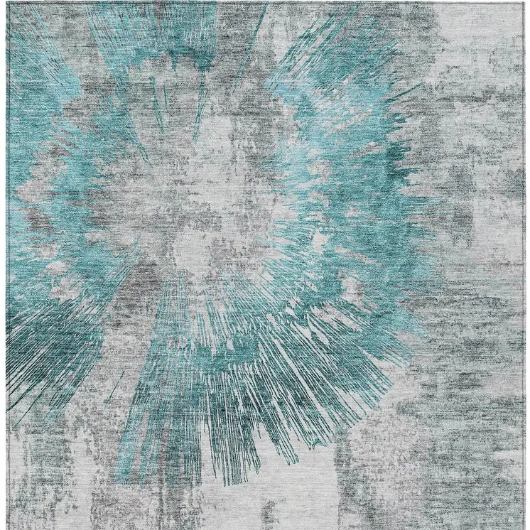 8' X 10' Teal Blue Aqua And Gray Abstract Washable Indoor Outdoor Area Rug