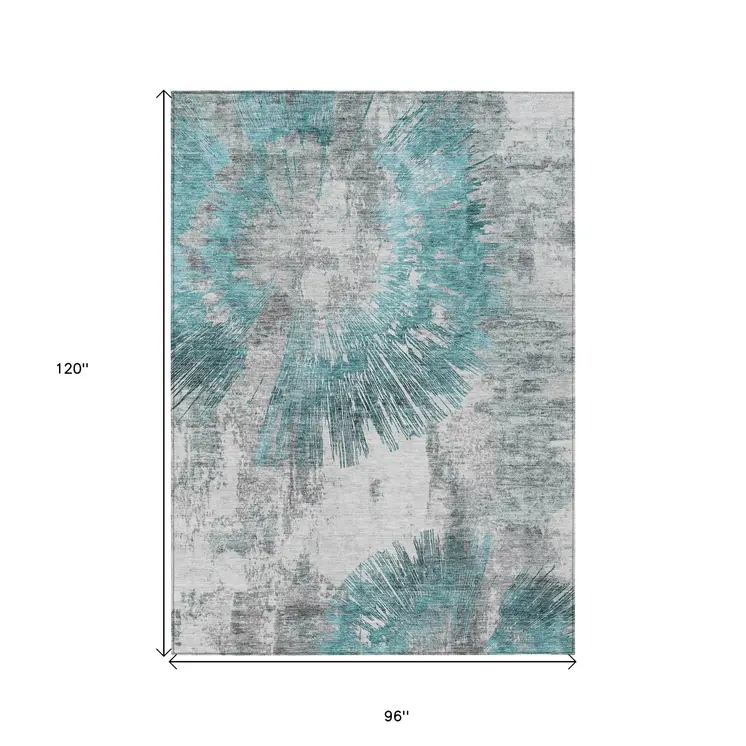 8' X 10' Teal Blue Aqua And Gray Abstract Washable Indoor Outdoor Area Rug