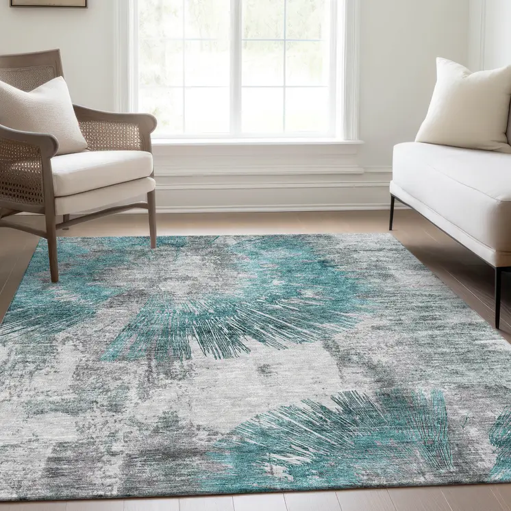 8' X 10' Teal Blue Aqua And Gray Abstract Washable Indoor Outdoor Area Rug