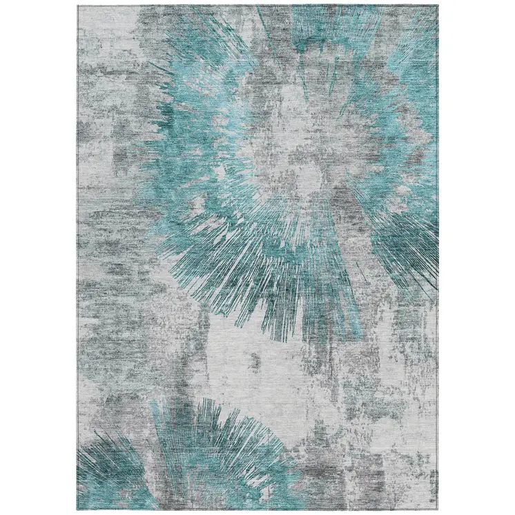 9' X 12' Teal Blue Aqua And Gray Abstract Washable Indoor Outdoor Area Rug