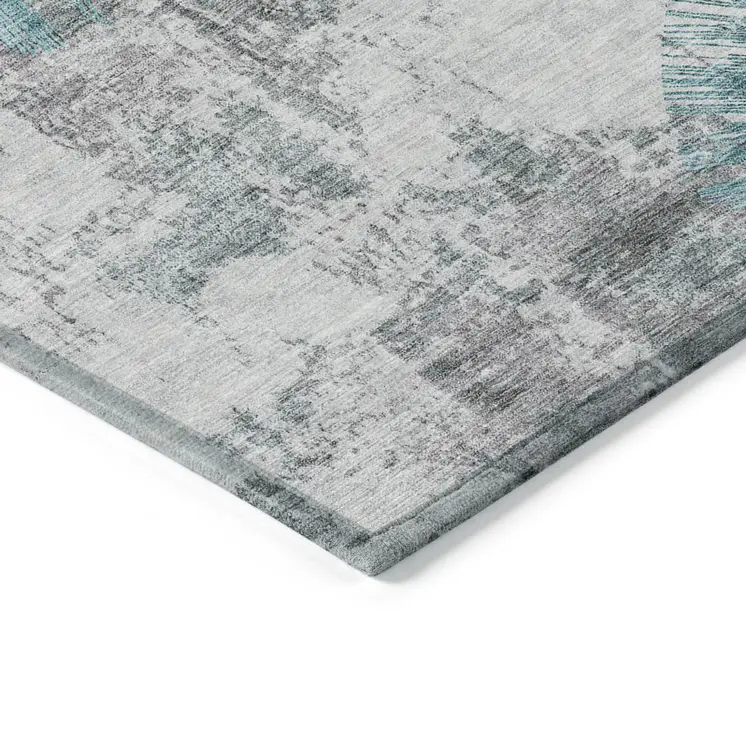9' X 12' Teal Blue Aqua And Gray Abstract Washable Indoor Outdoor Area Rug