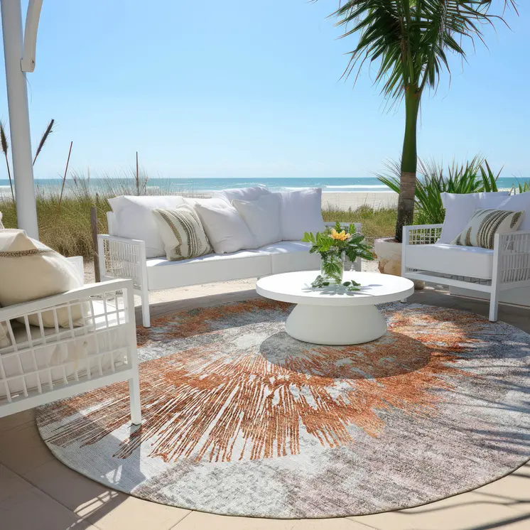 8' Terra Cotta Copper And Taupe Round Abstract Washable Indoor Outdoor Area Rug