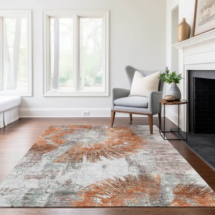 9' X 12' Terra Cotta Copper And Taupe Abstract Washable Indoor Outdoor Area Rug