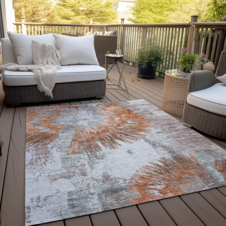 10' X 14' Terra Cotta Copper And Taupe Abstract Washable Indoor Outdoor Area Rug