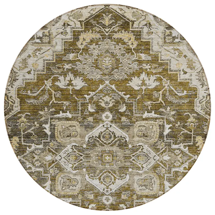 8' Brown Beige And Taupe Round Oriental Washable Indoor Outdoor Area Rug