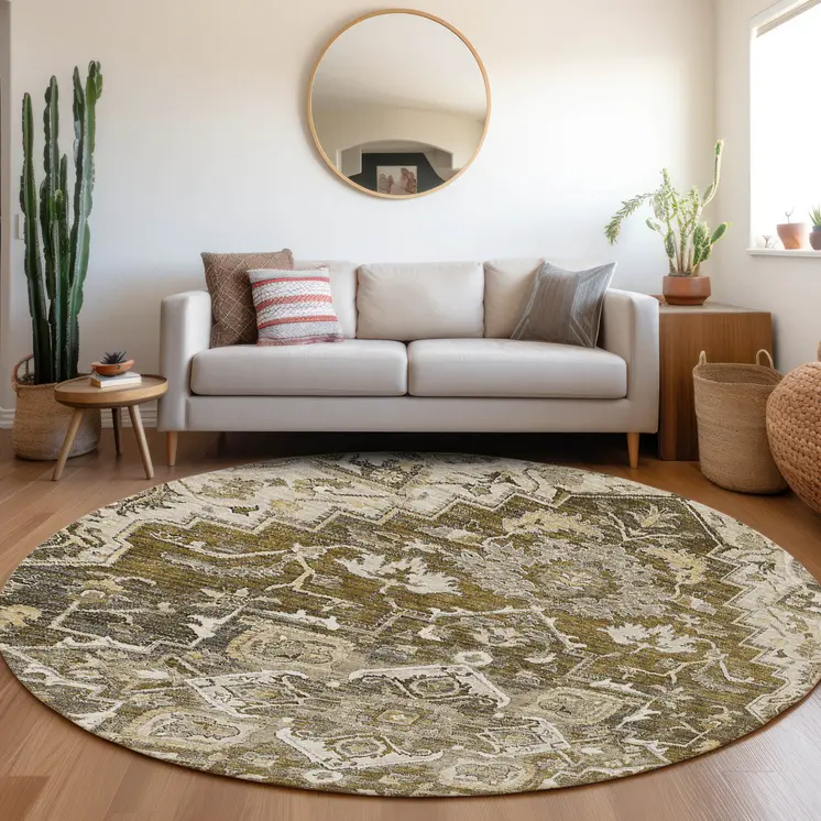 8' Brown Beige And Taupe Round Oriental Washable Indoor Outdoor Area Rug