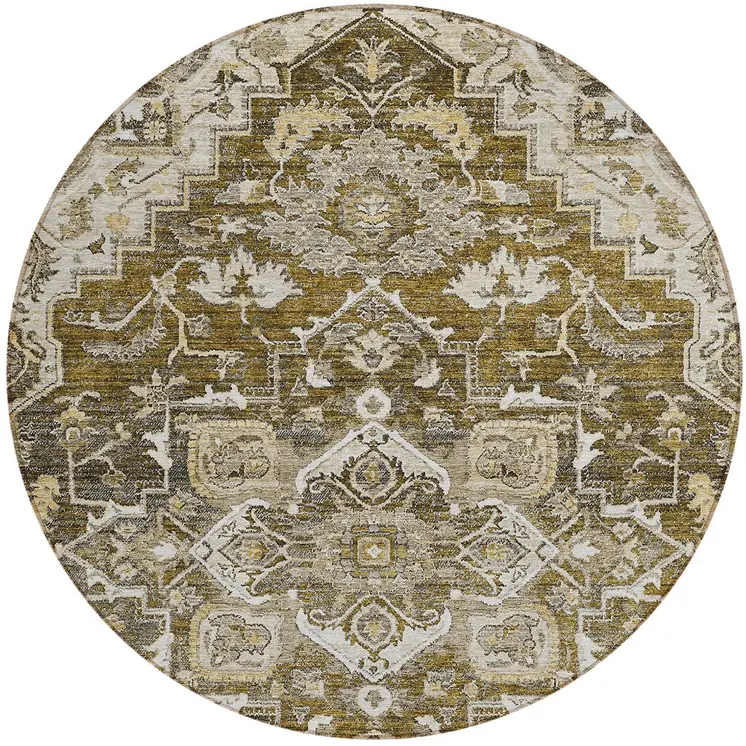 8' Brown Beige And Taupe Round Oriental Washable Indoor Outdoor Area Rug