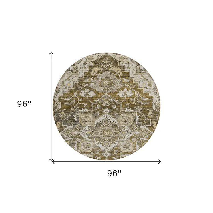 8' Brown Beige And Taupe Round Oriental Washable Indoor Outdoor Area Rug