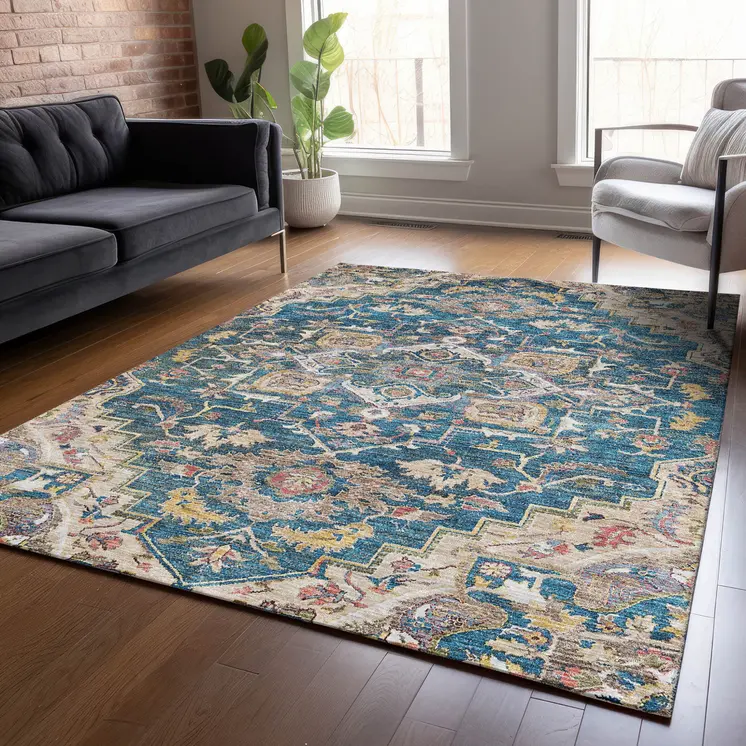 3' X 5' Blue Beige And Gold Oriental Washable Indoor Outdoor Area Rug