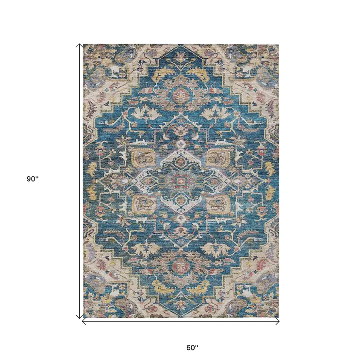 5' X 8' Blue Beige And Gold Oriental Washable Indoor Outdoor Area Rug