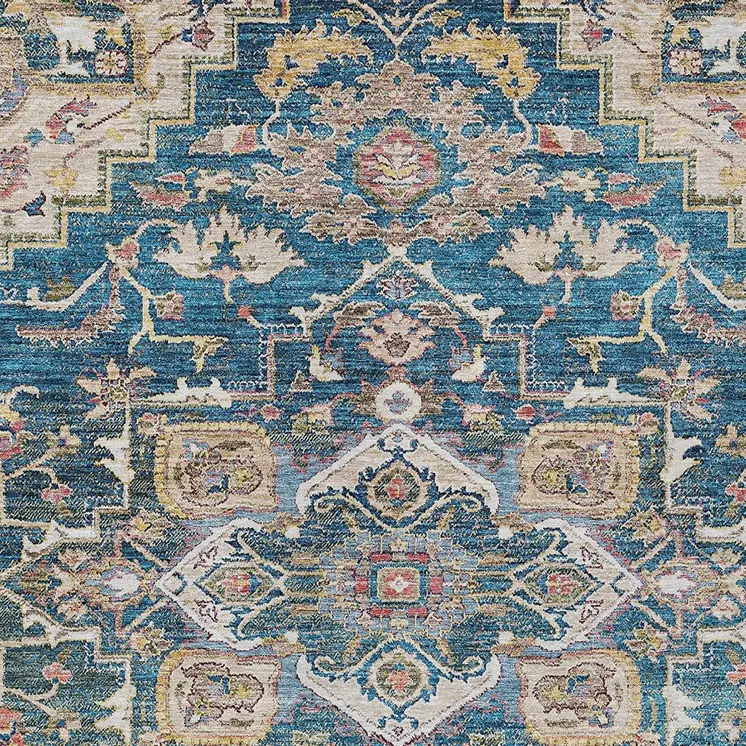 5' X 8' Blue Beige And Gold Oriental Washable Indoor Outdoor Area Rug