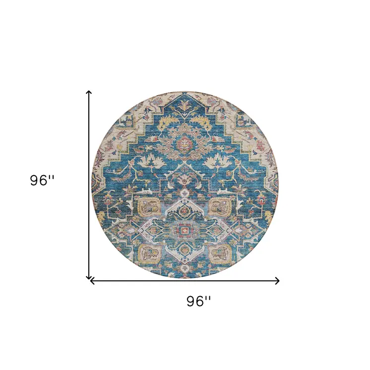 8' Blue Beige And Gold Round Oriental Washable Indoor Outdoor Area Rug