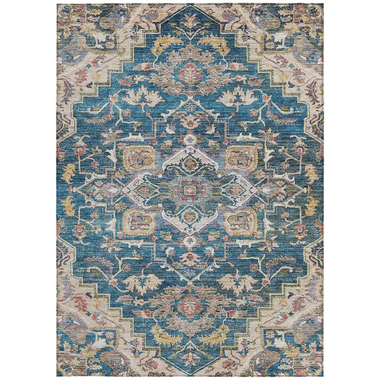 9' X 12' Blue Beige And Gold Oriental Washable Indoor Outdoor Area Rug