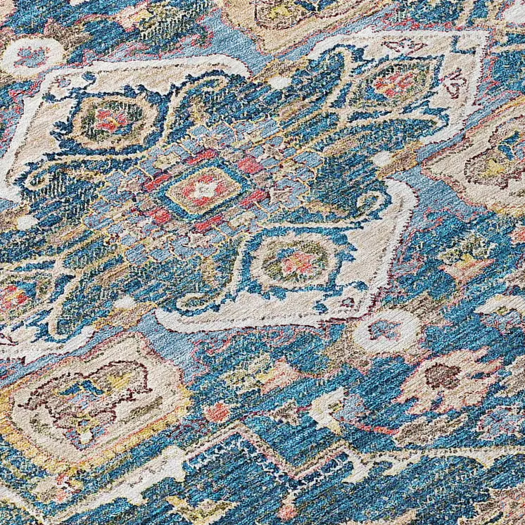 9' X 12' Blue Beige And Gold Oriental Washable Indoor Outdoor Area Rug