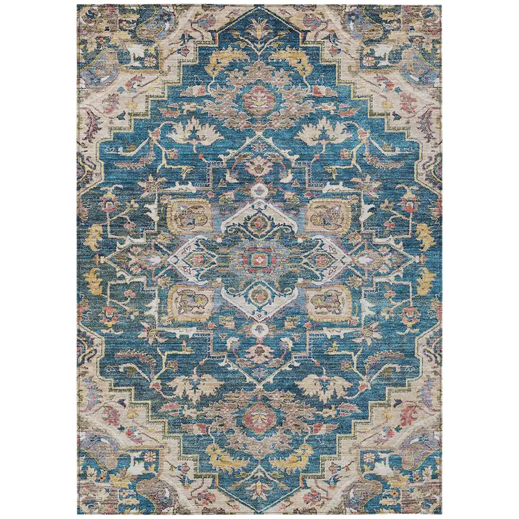 10' X 14' Blue Beige And Gold Oriental Washable Indoor Outdoor Area Rug