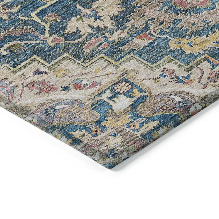 10' X 14' Blue Beige And Gold Oriental Washable Indoor Outdoor Area Rug