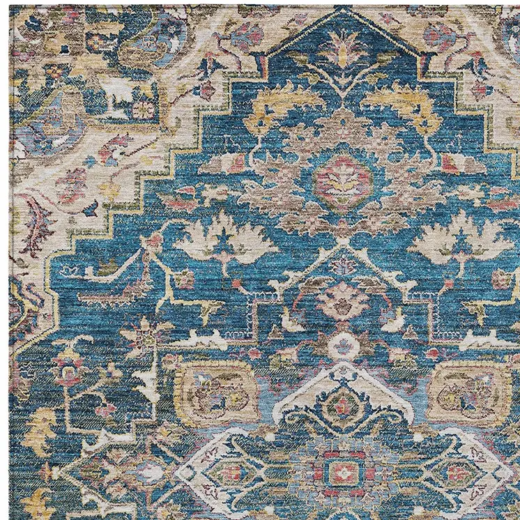 10' X 14' Blue Beige And Gold Oriental Washable Indoor Outdoor Area Rug