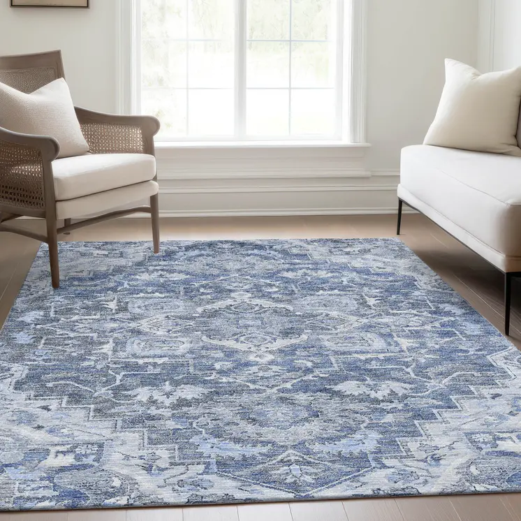 5' X 8' Denim Blue And Sky Blue Oriental Washable Indoor Outdoor Area Rug