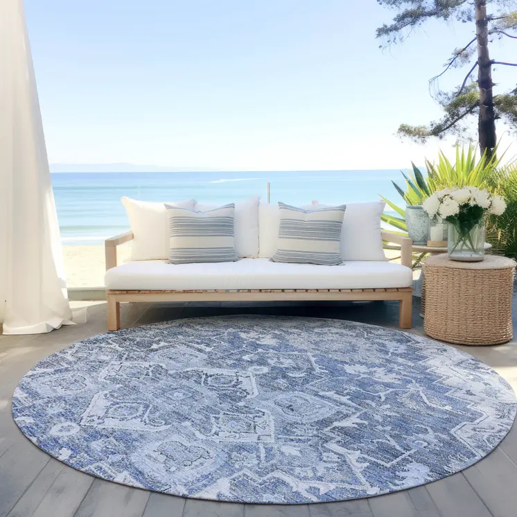 8' Denim Blue And Sky Blue Round Oriental Washable Indoor Outdoor Area Rug