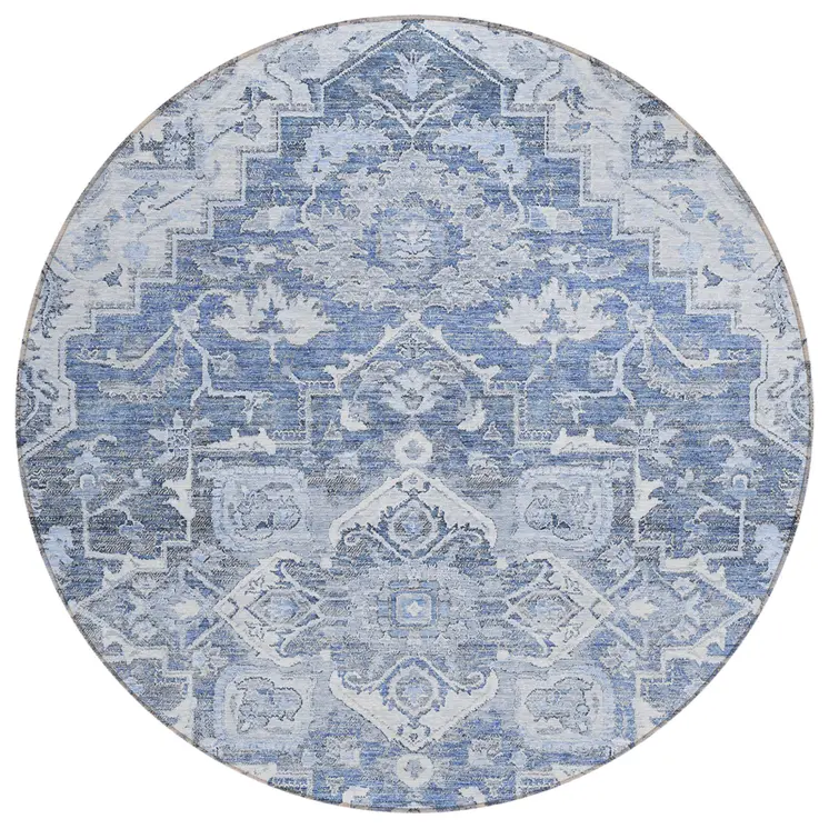 8' Denim Blue And Sky Blue Round Oriental Washable Indoor Outdoor Area Rug