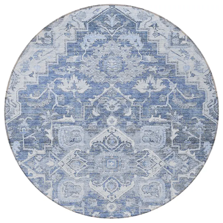 8' Denim Blue And Sky Blue Round Oriental Washable Indoor Outdoor Area Rug