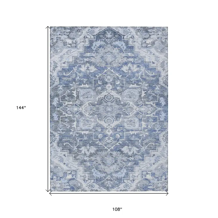 9' X 12' Denim Blue And Sky Blue Oriental Washable Indoor Outdoor Area Rug