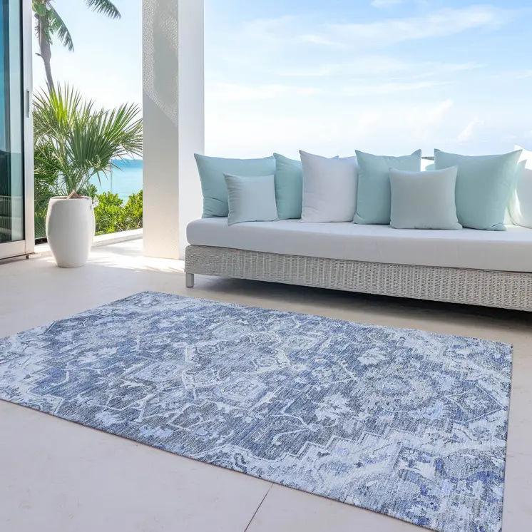 9' X 12' Denim Blue And Sky Blue Oriental Washable Indoor Outdoor Area Rug