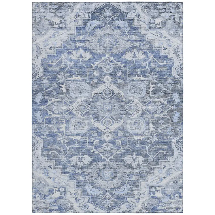 10' X 14' Denim Blue And Sky Blue Oriental Washable Indoor Outdoor Area Rug