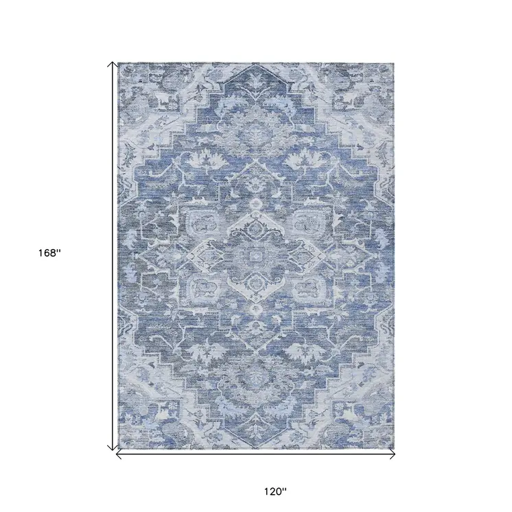 10' X 14' Denim Blue And Sky Blue Oriental Washable Indoor Outdoor Area Rug