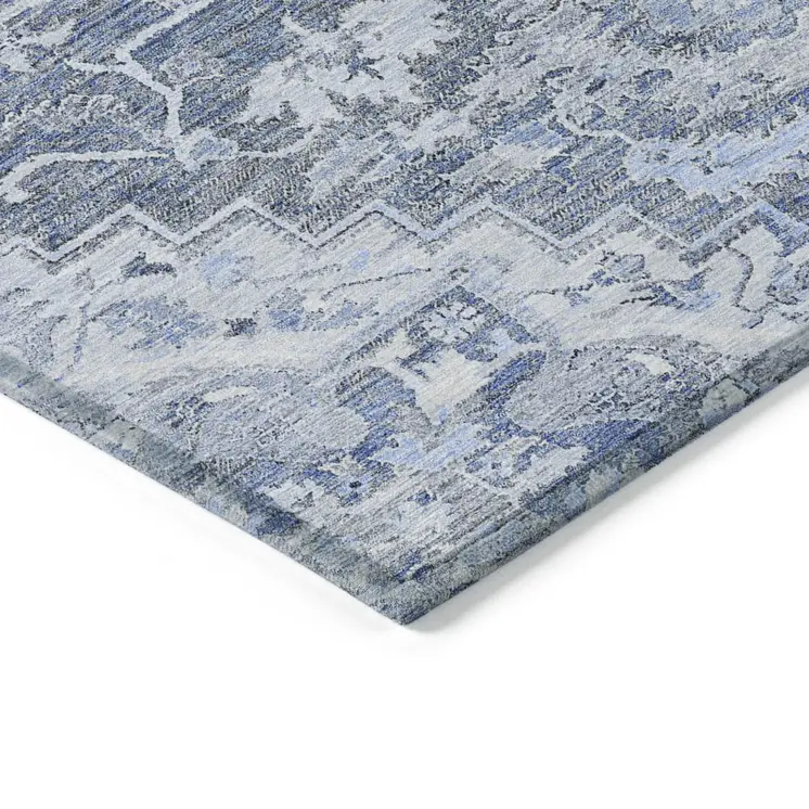 10' X 14' Denim Blue And Sky Blue Oriental Washable Indoor Outdoor Area Rug
