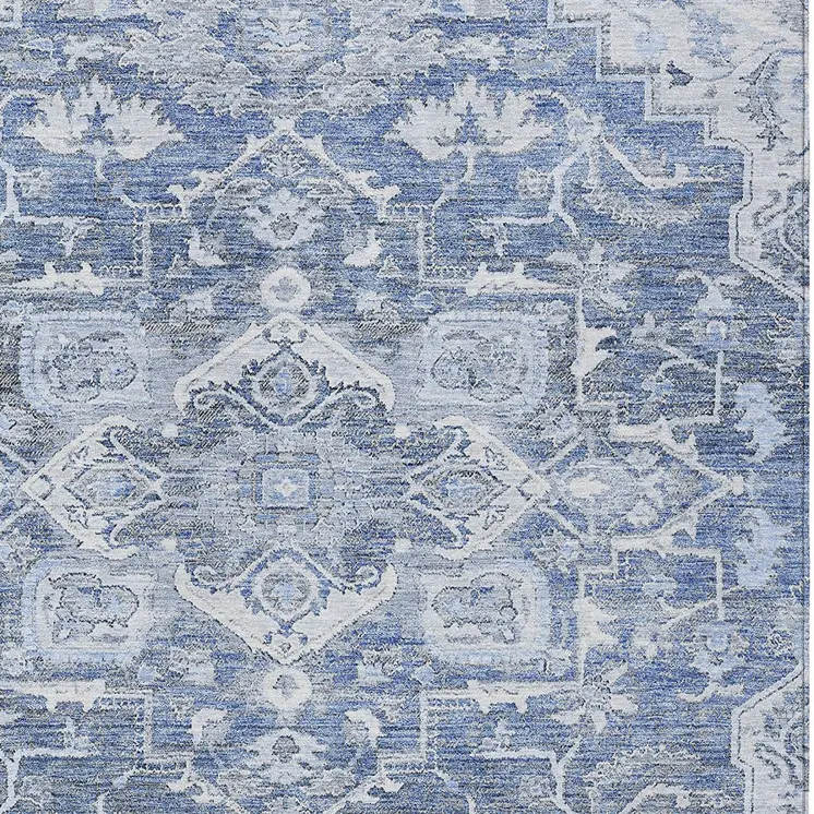 10' X 14' Denim Blue And Sky Blue Oriental Washable Indoor Outdoor Area Rug
