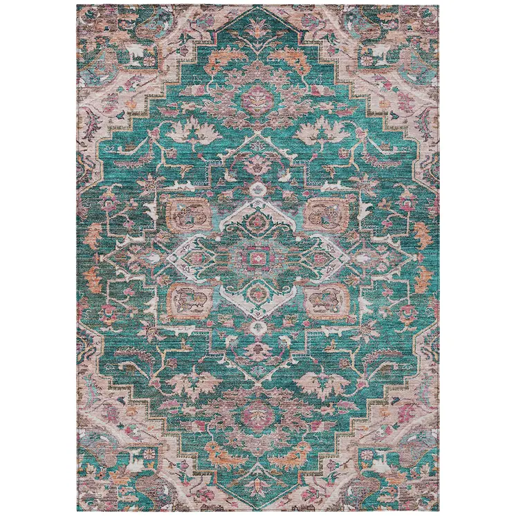 3' X 5' Emerald Teal Blue And Beige Oriental Washable Indoor Outdoor Area Rug