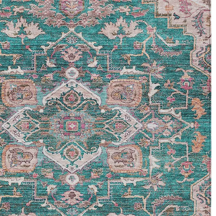 5' X 8' Emerald Teal Blue And Beige Oriental Washable Indoor Outdoor Area Rug