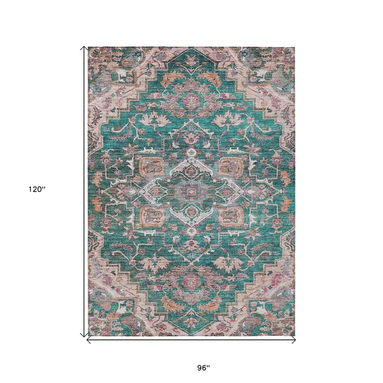 8' X 10' Emerald Teal Blue And Beige Oriental Washable Indoor Outdoor Area Rug