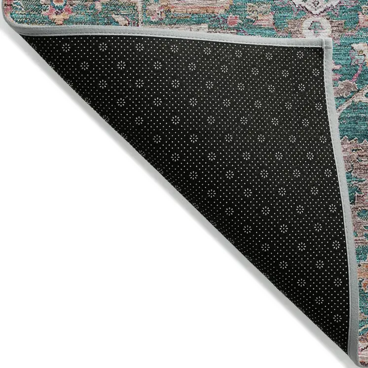 8' X 10' Emerald Teal Blue And Beige Oriental Washable Indoor Outdoor Area Rug