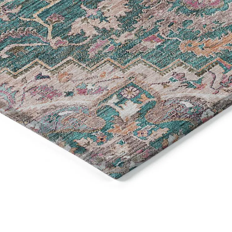 8' X 10' Emerald Teal Blue And Beige Oriental Washable Indoor Outdoor Area Rug