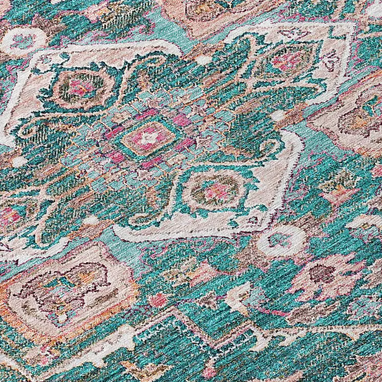8' X 10' Emerald Teal Blue And Beige Oriental Washable Indoor Outdoor Area Rug