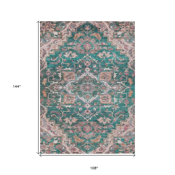 9' X 12' Emerald Teal Blue And Beige Oriental Washable Indoor Outdoor Area Rug
