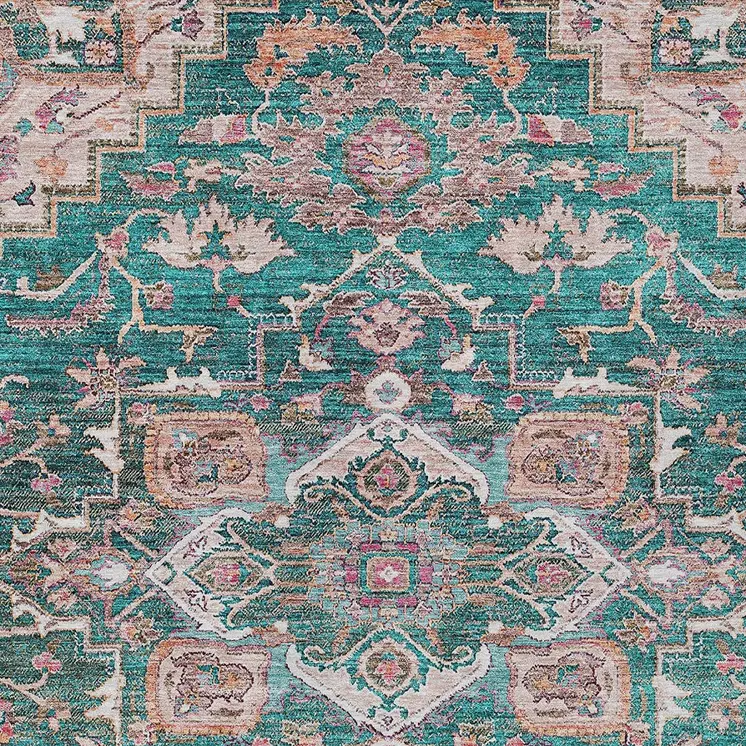9' X 12' Emerald Teal Blue And Beige Oriental Washable Indoor Outdoor Area Rug