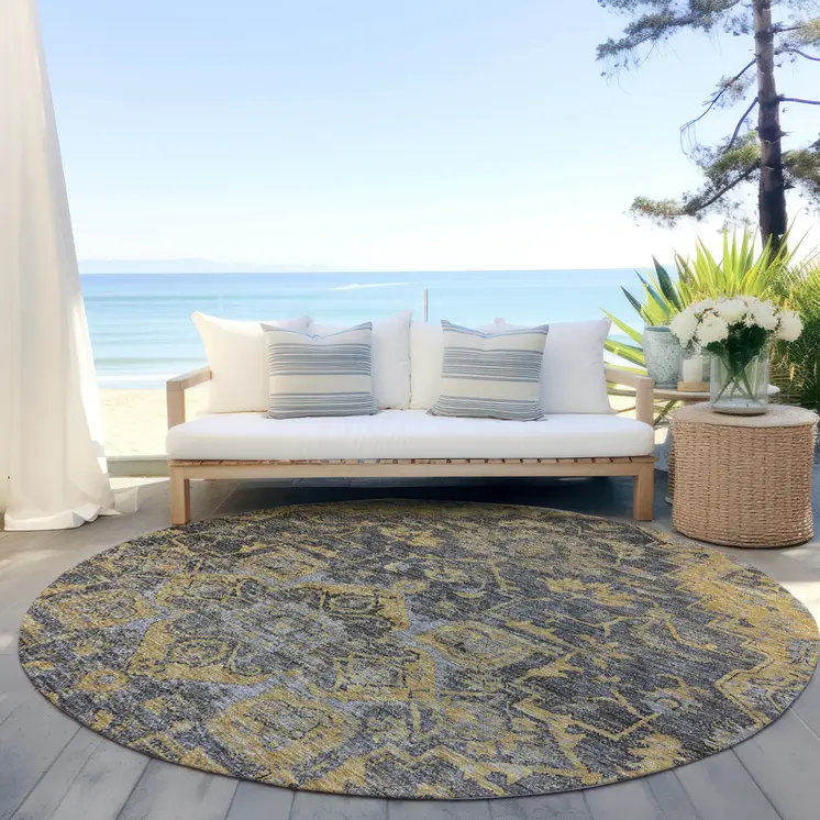 8' Gray Charcoal And Silver Round Oriental Washable Indoor Outdoor Area Rug