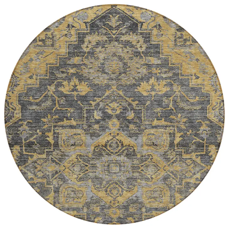 8' Gray Charcoal And Silver Round Oriental Washable Indoor Outdoor Area Rug