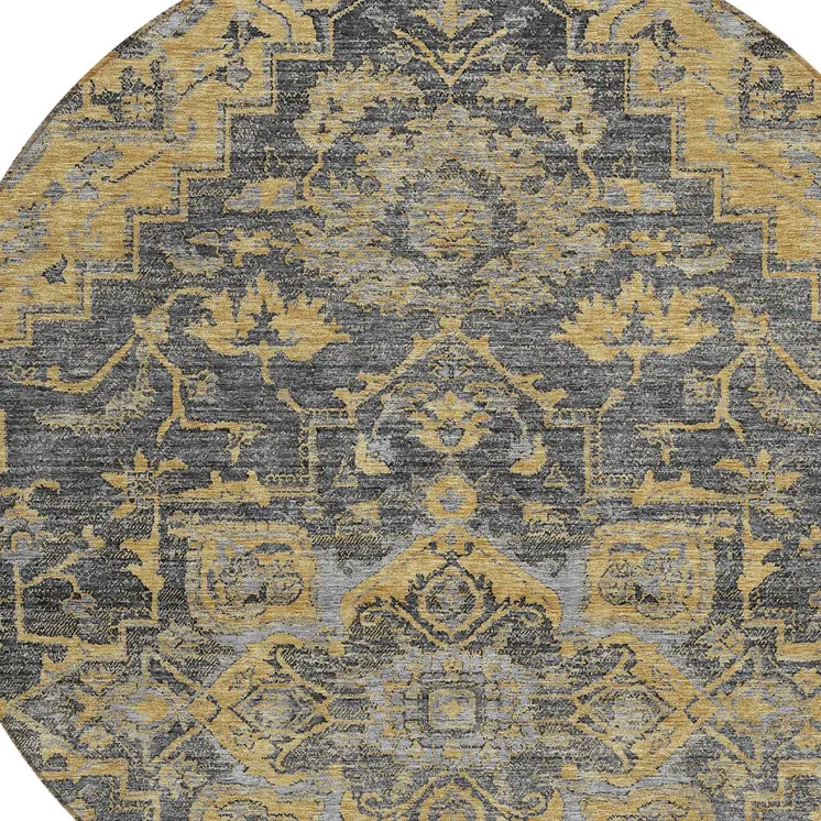 8' Gray Charcoal And Silver Round Oriental Washable Indoor Outdoor Area Rug