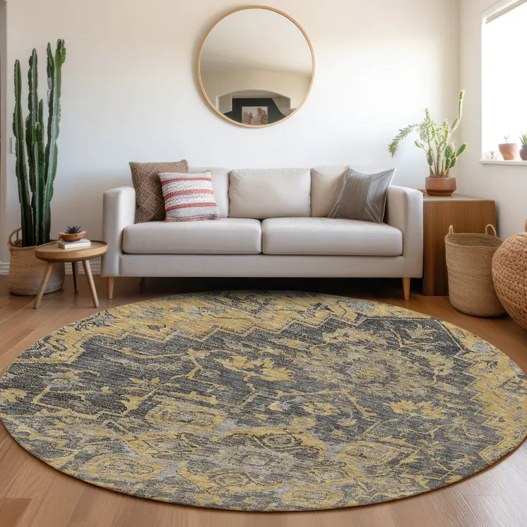 8' Gray Charcoal And Silver Round Oriental Washable Indoor Outdoor Area Rug