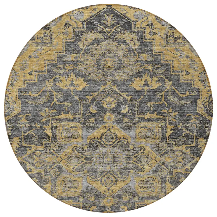 8' Gray Charcoal And Silver Round Oriental Washable Indoor Outdoor Area Rug