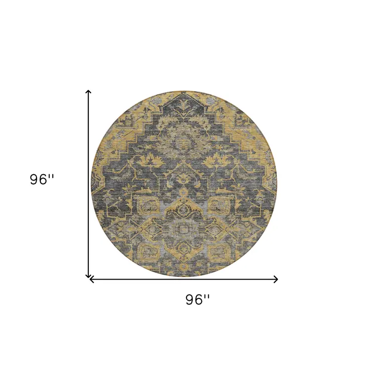 8' Gray Charcoal And Silver Round Oriental Washable Indoor Outdoor Area Rug