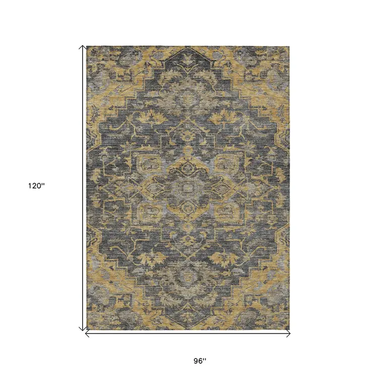 8' X 10' Gray Charcoal And Silver Oriental Washable Indoor Outdoor Area Rug