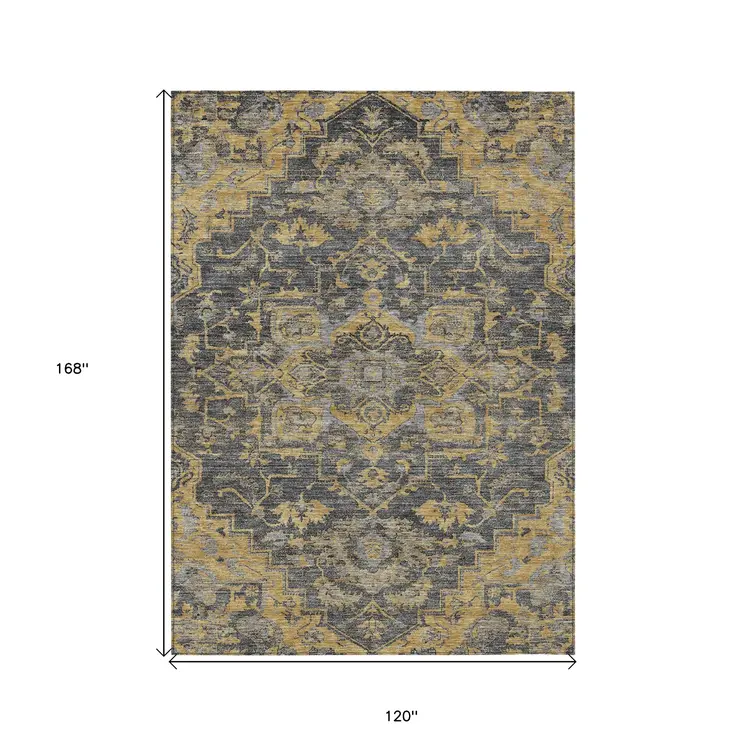 10' X 14' Gray Charcoal And Silver Oriental Washable Indoor Outdoor Area Rug